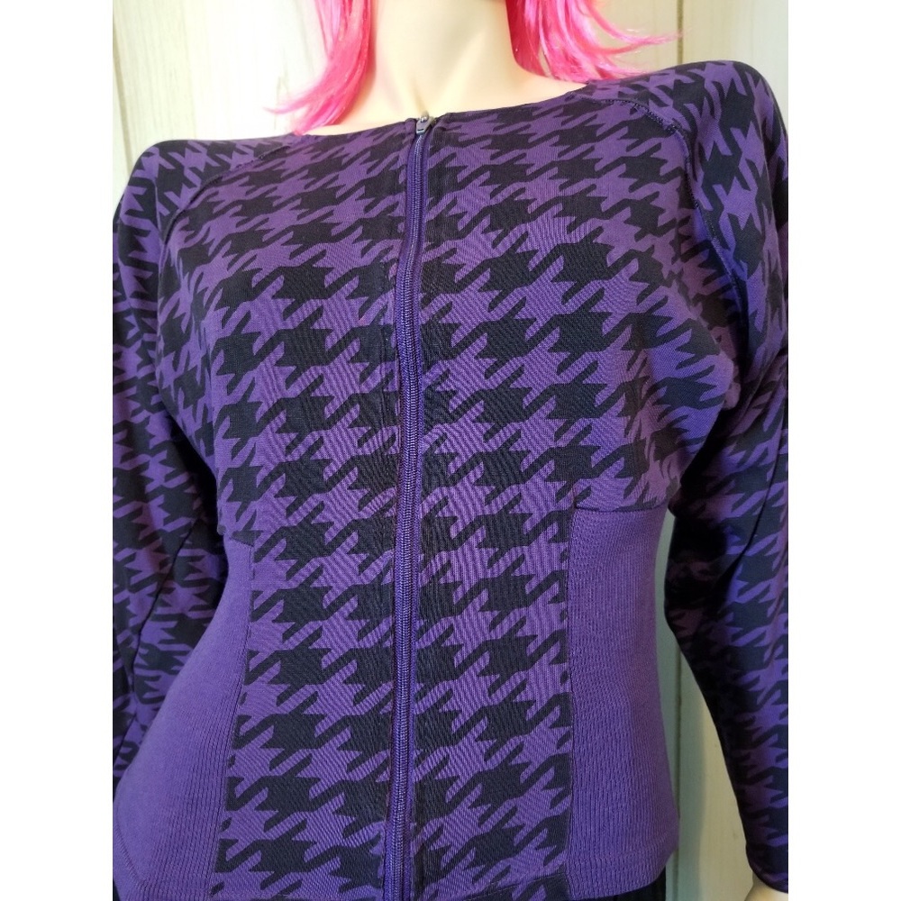 Vintage 80s Glam Punk New Wave Purple Houndstooth Print Batwing Slv Zippered Top